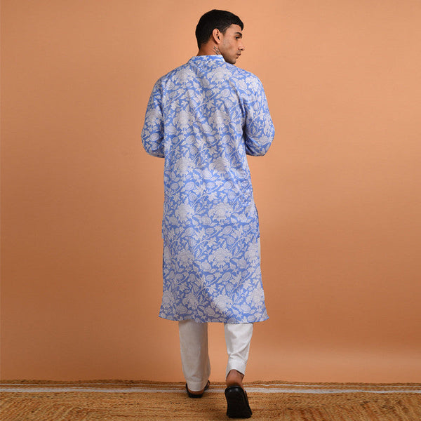 Pure Cotton Kurta For Men | Hand Block Printed | Blue