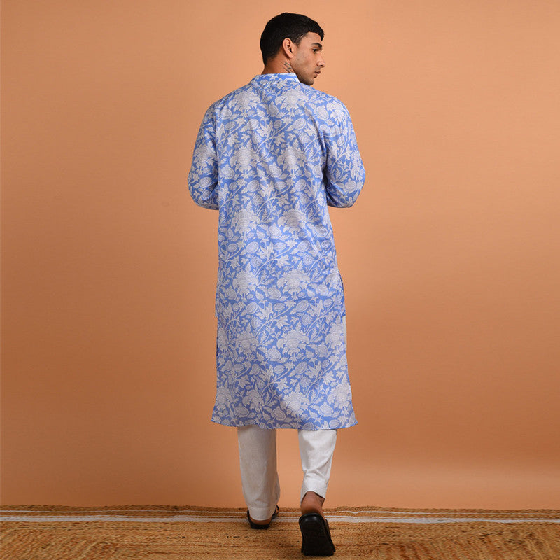 Pure Cotton Kurta For Men | Hand Block Printed | Blue