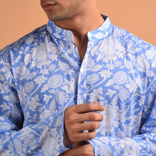 Pure Cotton Kurta For Men | Hand Block Printed | Blue