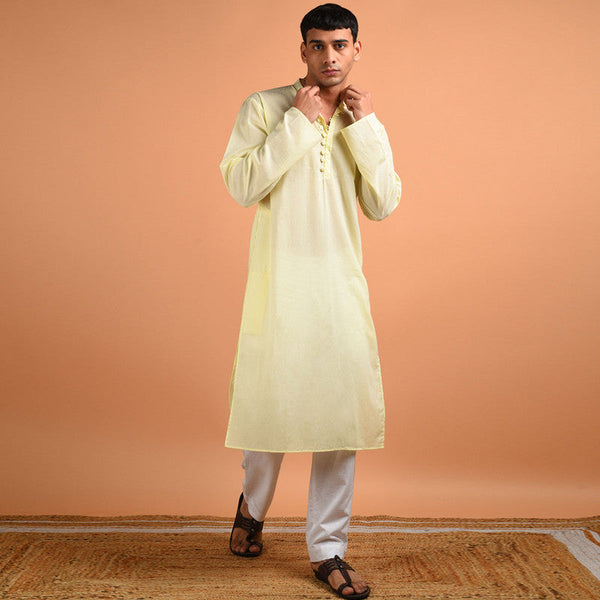 Pure Cotton Kurta For Men | Full Sleeved | Yellow