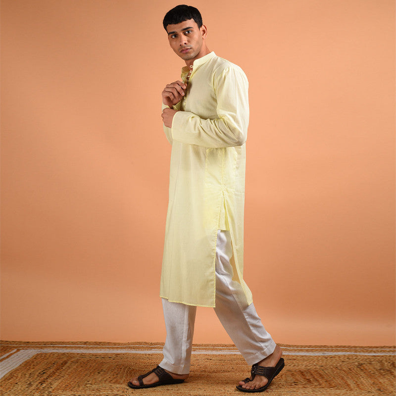 Pure Cotton Kurta For Men | Full Sleeved | Yellow