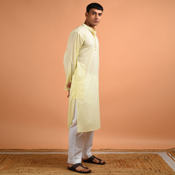 Pure Cotton Kurta For Men | Full Sleeved | Yellow