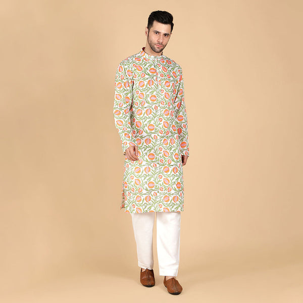 Cotton Kurta for Men | Hand-Block Print | Orange