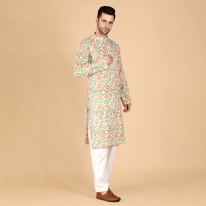 Cotton Kurta for Men | Hand-Block Print | Orange