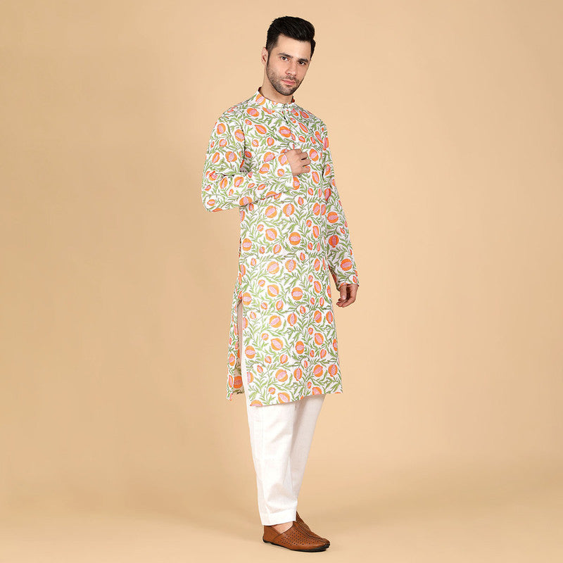 Cotton Kurta for Men | Hand-Block Print | Orange