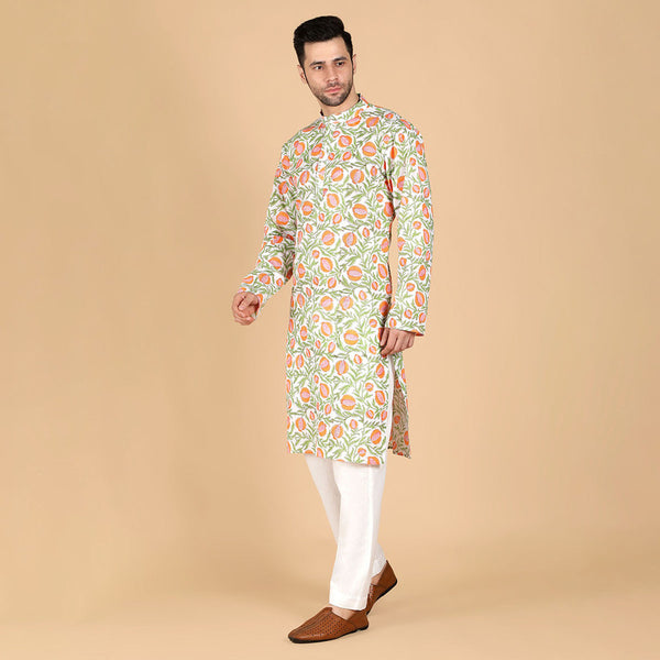 Cotton Kurta for Men | Hand-Block Print | Orange