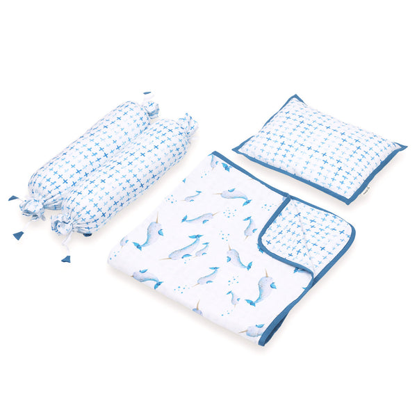 Blue Bamboo Muslin New Baby Mini Cot Set