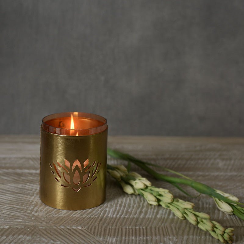 Gold Finish Lotus Pillar Candle Holder.