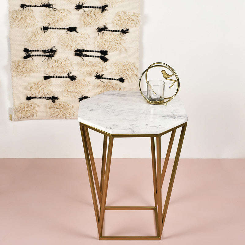 Iron & Marble Table Hexagon Table | Gold & White