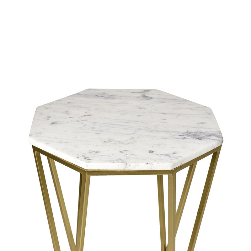 Iron & Marble Table Hexagon Table | Gold & White