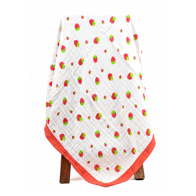 Organic Cotton Blanket for Kids | Baby Bath Towel | Strawberry Print | 100 x 100 cm.