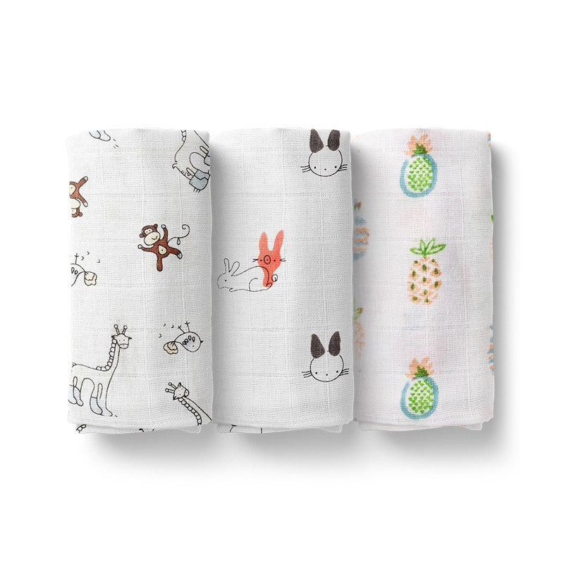 Cotton Muslin Baby Swaddle | Multicolour | Pack of 3 | 100 x 100 cm.