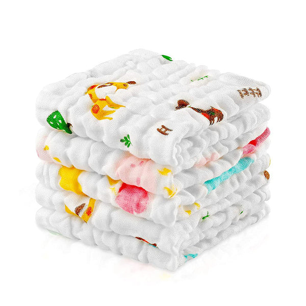 Cotton Baby Wash Cloth | Baby Napkins | Printed White | Pack of 5