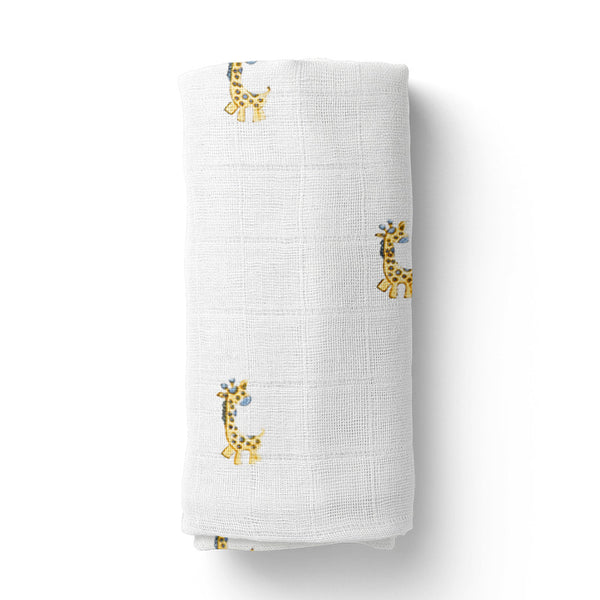 Organic Cotton Muslin Baby Swaddle | Giraffe Print | White | 100 x 100 cm.