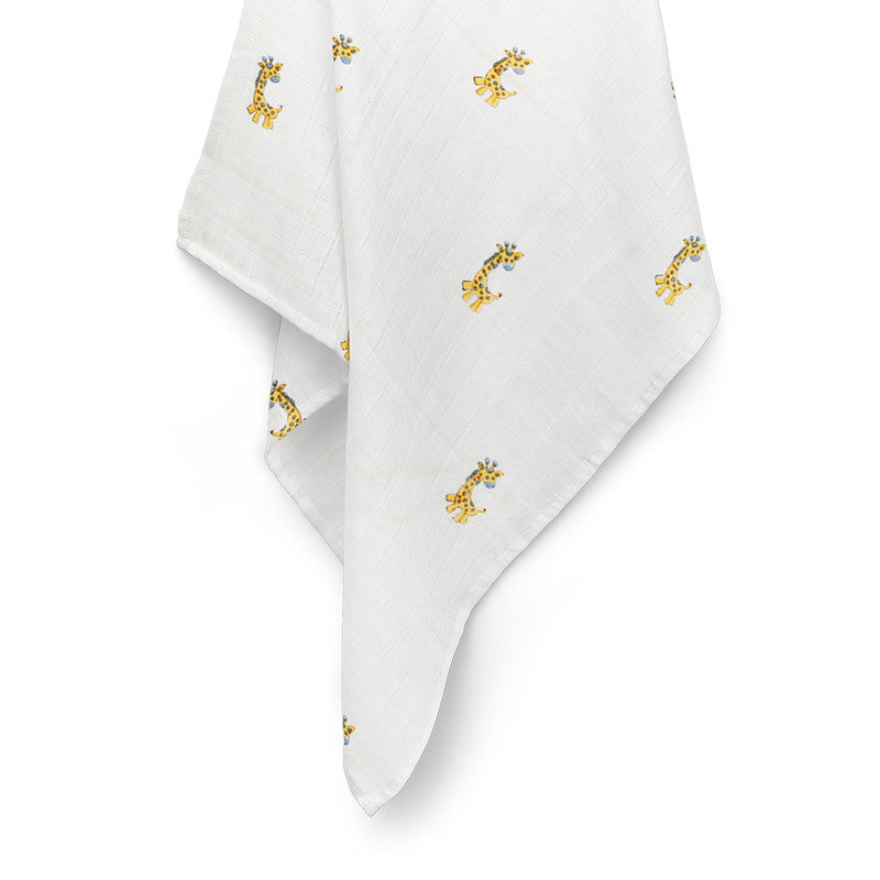 Organic Cotton Muslin Baby Swaddle | Giraffe Print | White | 100 x 100 cm.