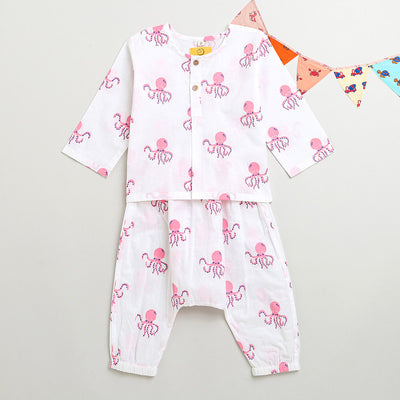 Cotton Baby Top and Pajama Set | White & Pink