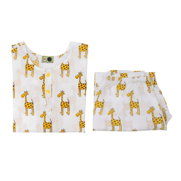 Cotton Night Suit for Kids | Giraffe Print | White