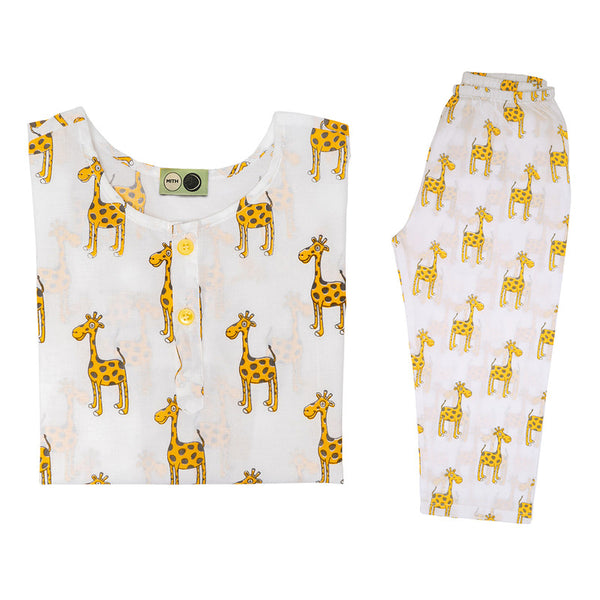 Cotton Night Suit for Kids | Giraffe Print | White