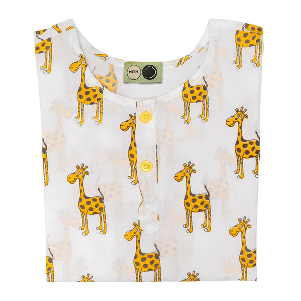 Cotton Night Suit for Kids | Giraffe Print | White