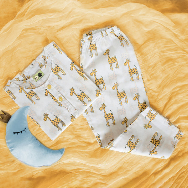 Cotton Night Suit for Kids | Giraffe Print | White