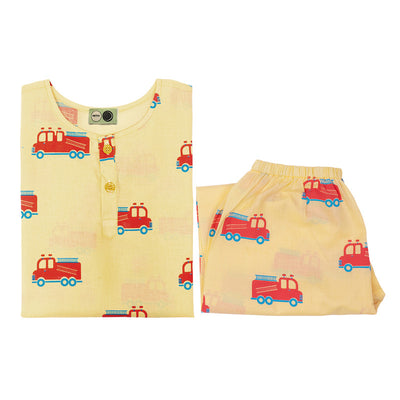 Cotton Night Suit for Kids | Fire Fighter Print | Mustard Yellow.