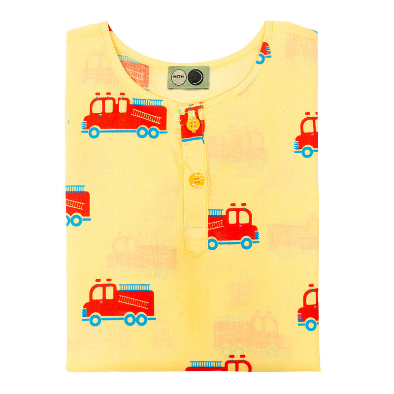 Cotton Night Suit for Kids | Fire Fighter Print | Mustard Yellow.