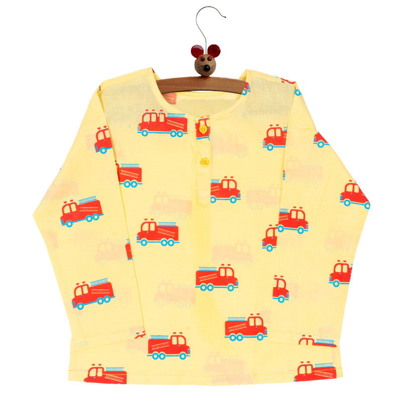 Cotton Night Suit for Kids | Fire Fighter Print | Mustard Yellow.