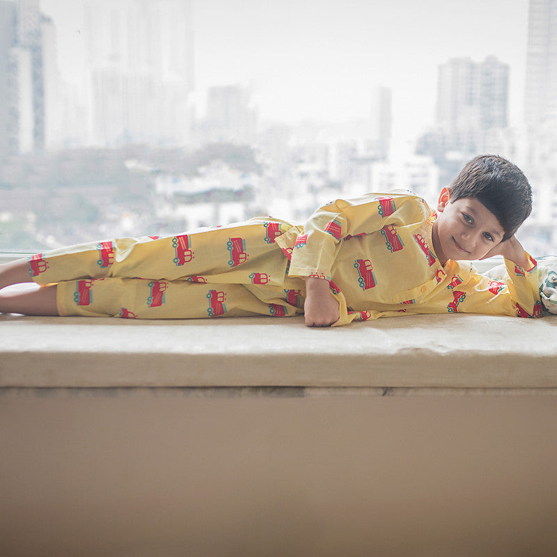 Cotton Night Suit for Kids | Fire Fighter Print | Mustard Yellow.