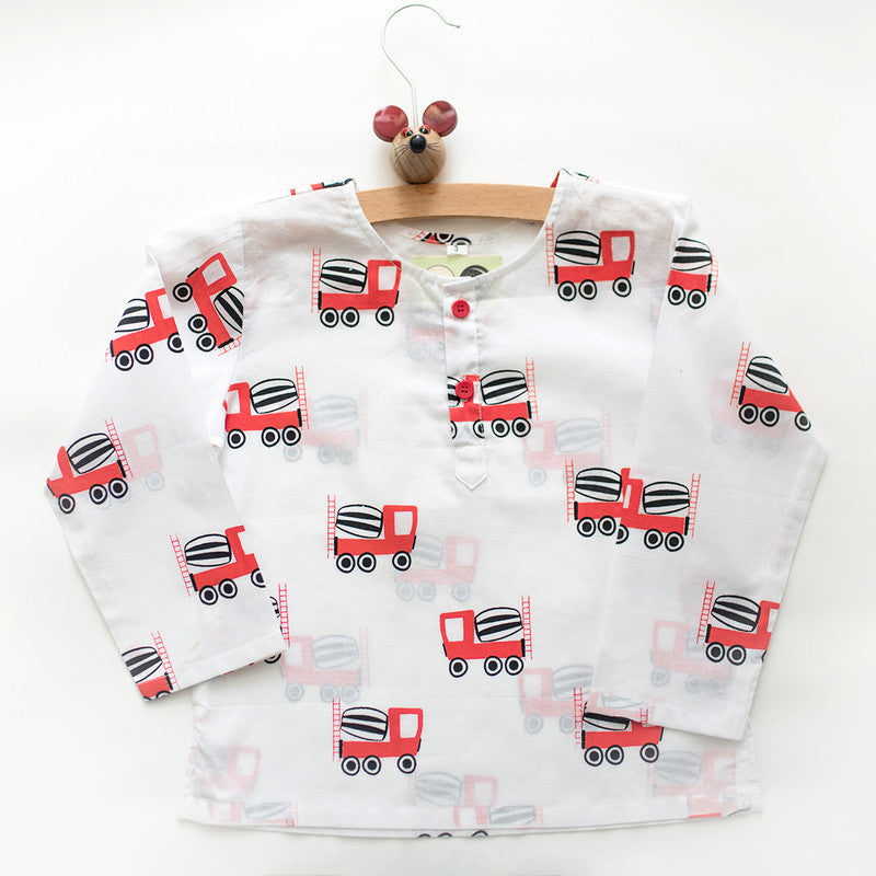 Cotton Night Suit for Kids | Cement Mixer Print | White