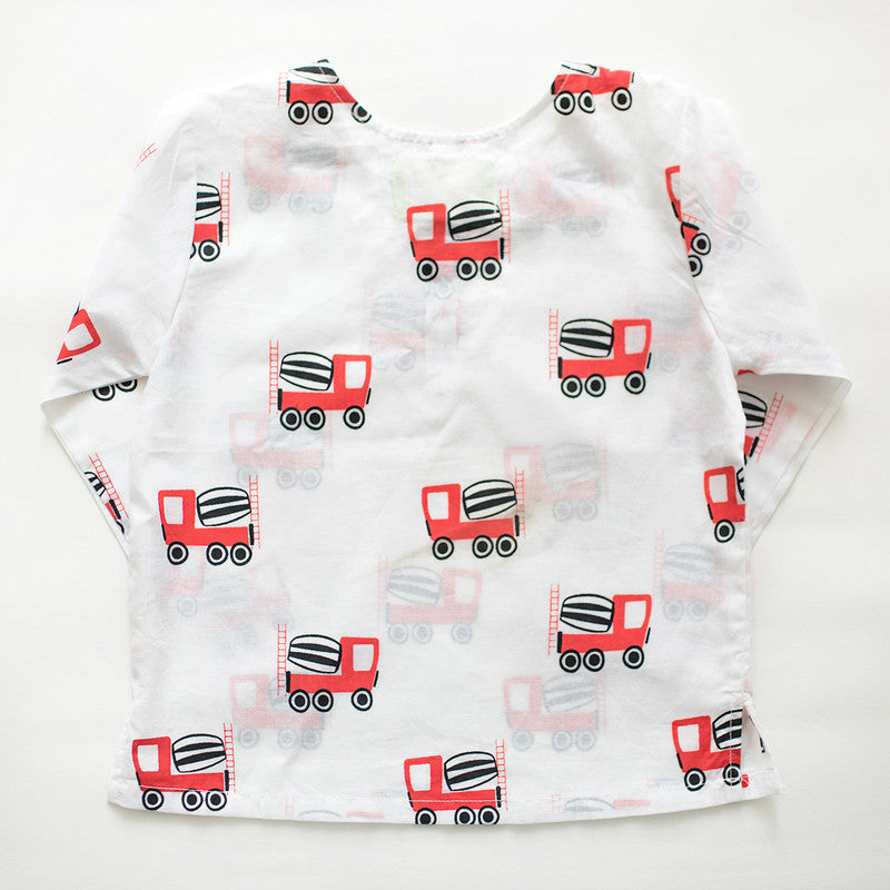 Cotton Night Suit for Kids | Cement Mixer Print | White