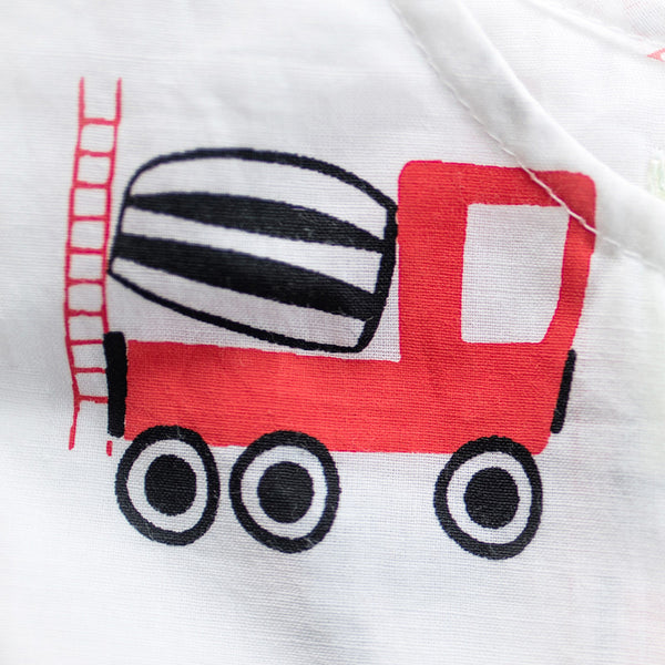 Cotton Night Suit for Kids | Cement Mixer Print | White