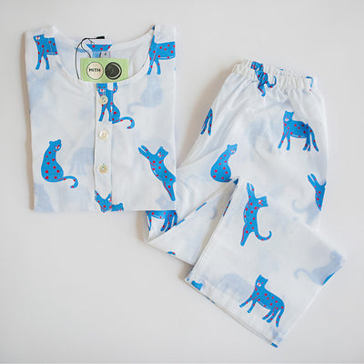 Cotton Night Suit for Kids | Panther Print | White & Blue.