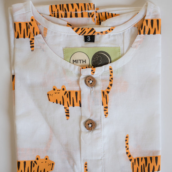 Cotton Night Suit for Kids | Tiger Print | White & Brown