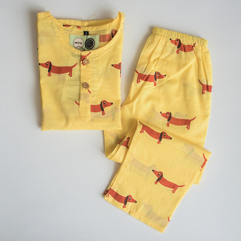 Cotton Night Suit for Kids | Dog Print | Yellow.