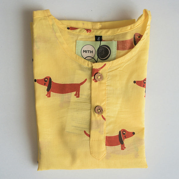 Cotton Night Suit for Kids | Dog Print | Yellow.