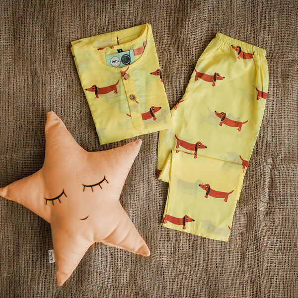 Cotton Night Suit for Kids | Dog Print | Yellow.