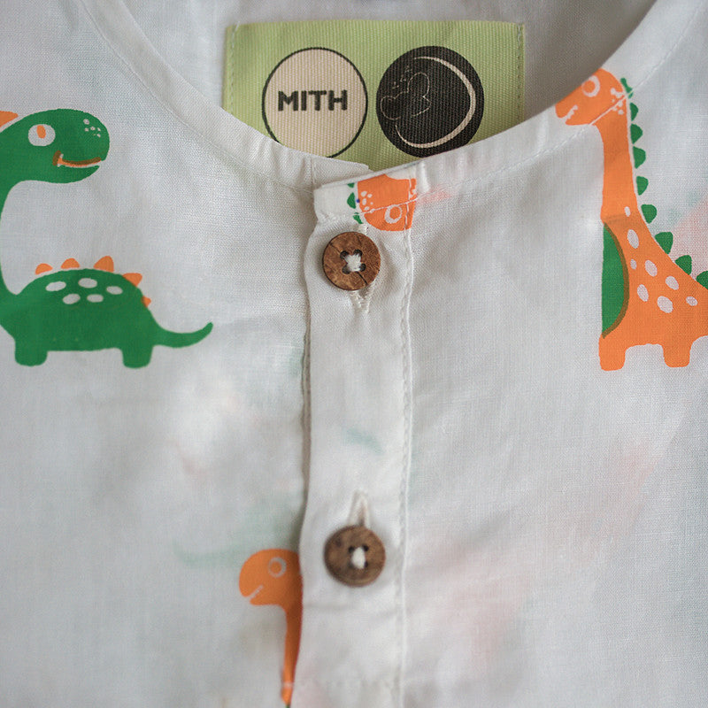 Cotton Night Suit for Kids | Dino Friends Print | White.