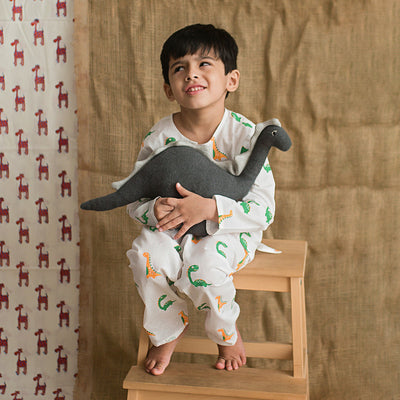 Cotton Night Suit for Kids | Dino Friends Print | White.