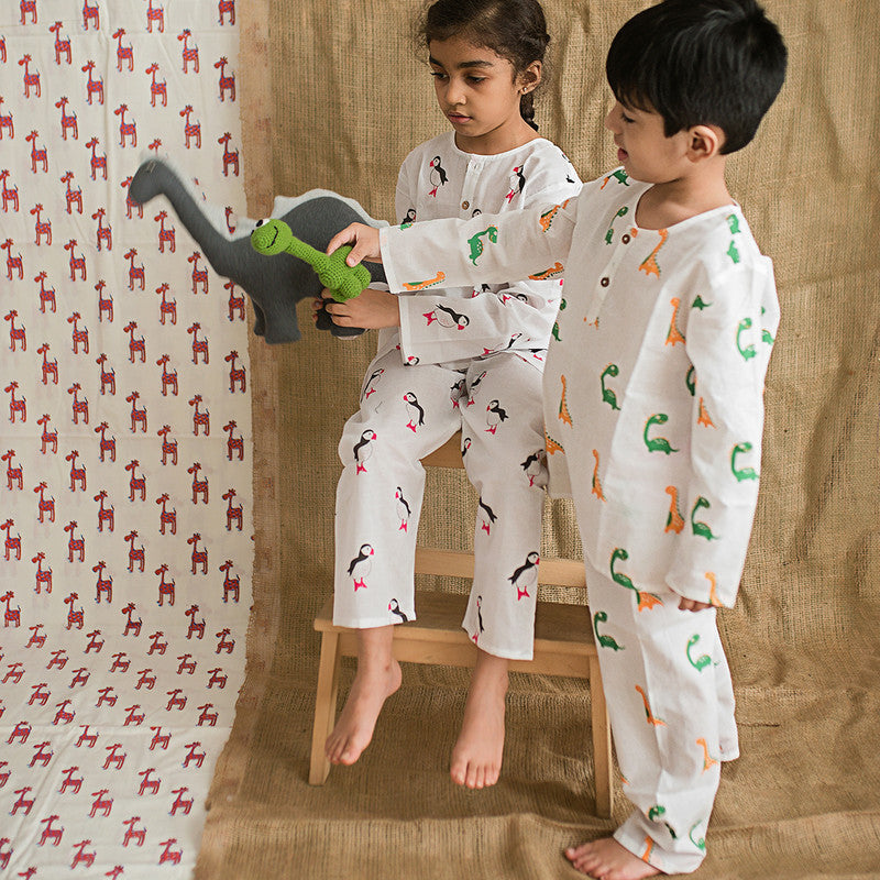 Cotton Night Suit for Kids | Dino Friends Print | White.