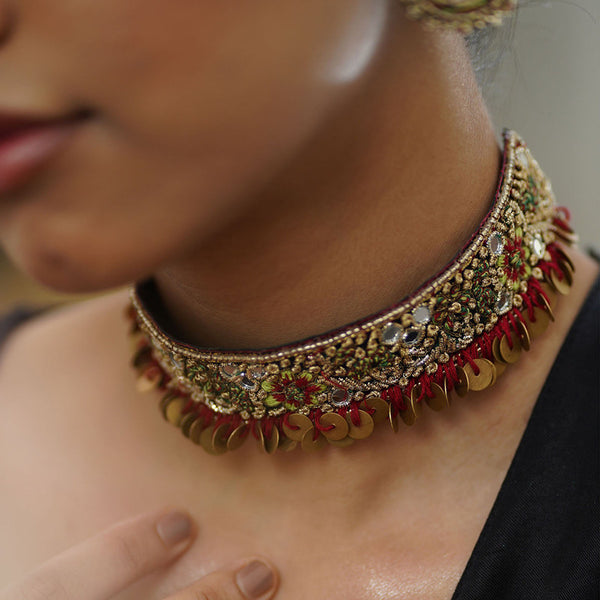 Brass Choker Necklace | Sequenced | Gold & Maroon