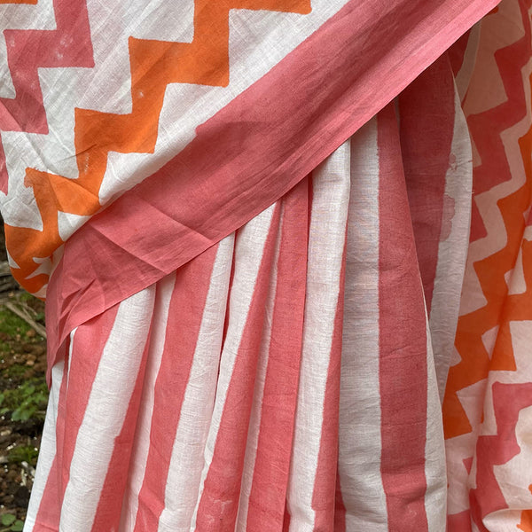 Mulmul Cotton Saree | Hand-Dyed | Handblock Printed | Pink & Orange