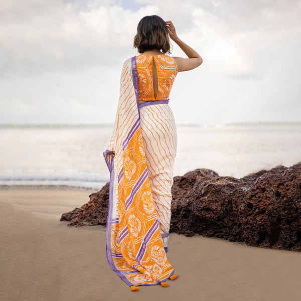 Pure Linen Saree | Hand Block Print | Off-White & Orange