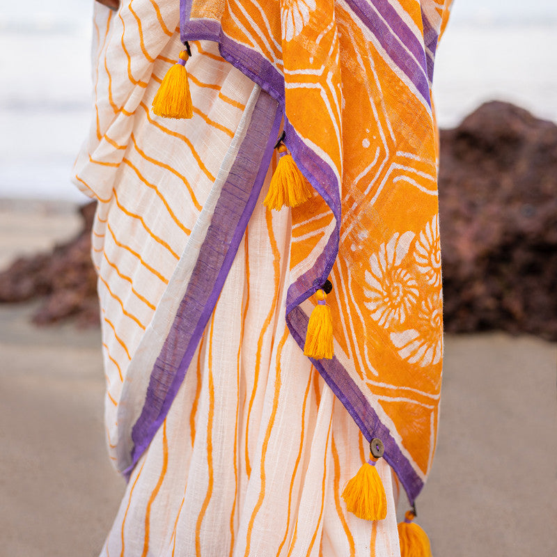 Pure Linen Saree | Hand Block Print | Off-White & Orange