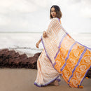 Pure Linen Saree | Hand Block Print | Off-White & Orange