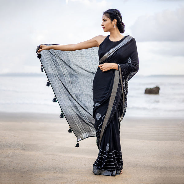 Pure Linen Saree | Hand Block Print | Black