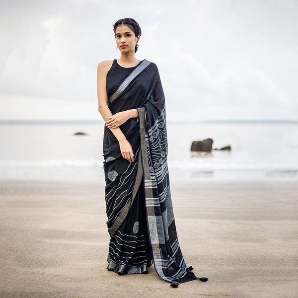 Pure Linen Saree | Hand Block Print | Black