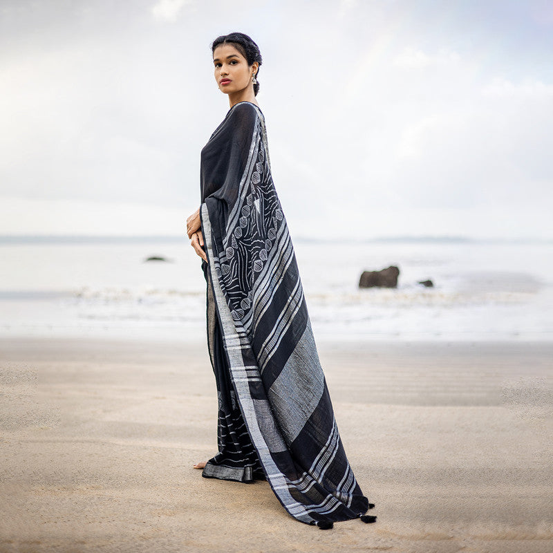 Pure Linen Saree | Hand Block Print | Black