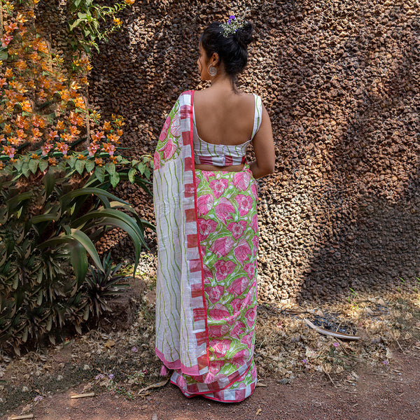 Pure Linen Saree | Hand Block Print | Bougainvillea | Pink & Green