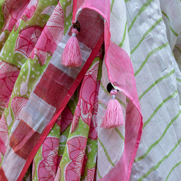 Pure Linen Saree | Hand Block Print | Bougainvillea | Pink & Green