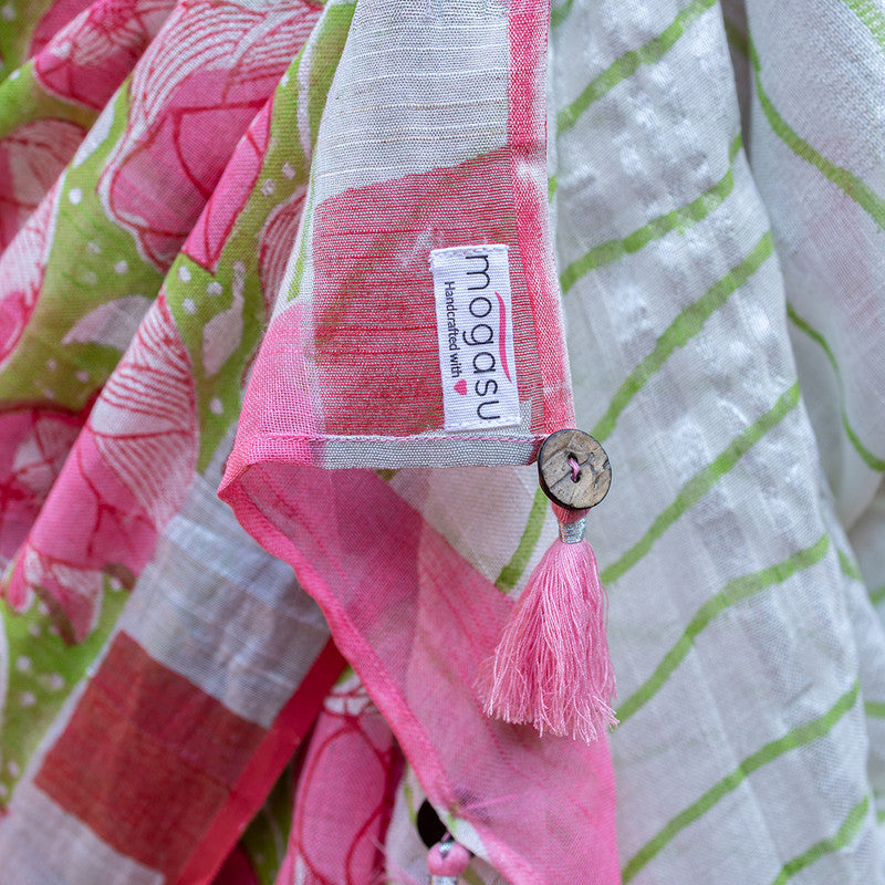 Pure Linen Saree | Hand Block Print | Bougainvillea | Pink & Green